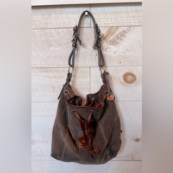 DOONEY BOURKE Women's Brown Suede Drawstring Shoulder Bag